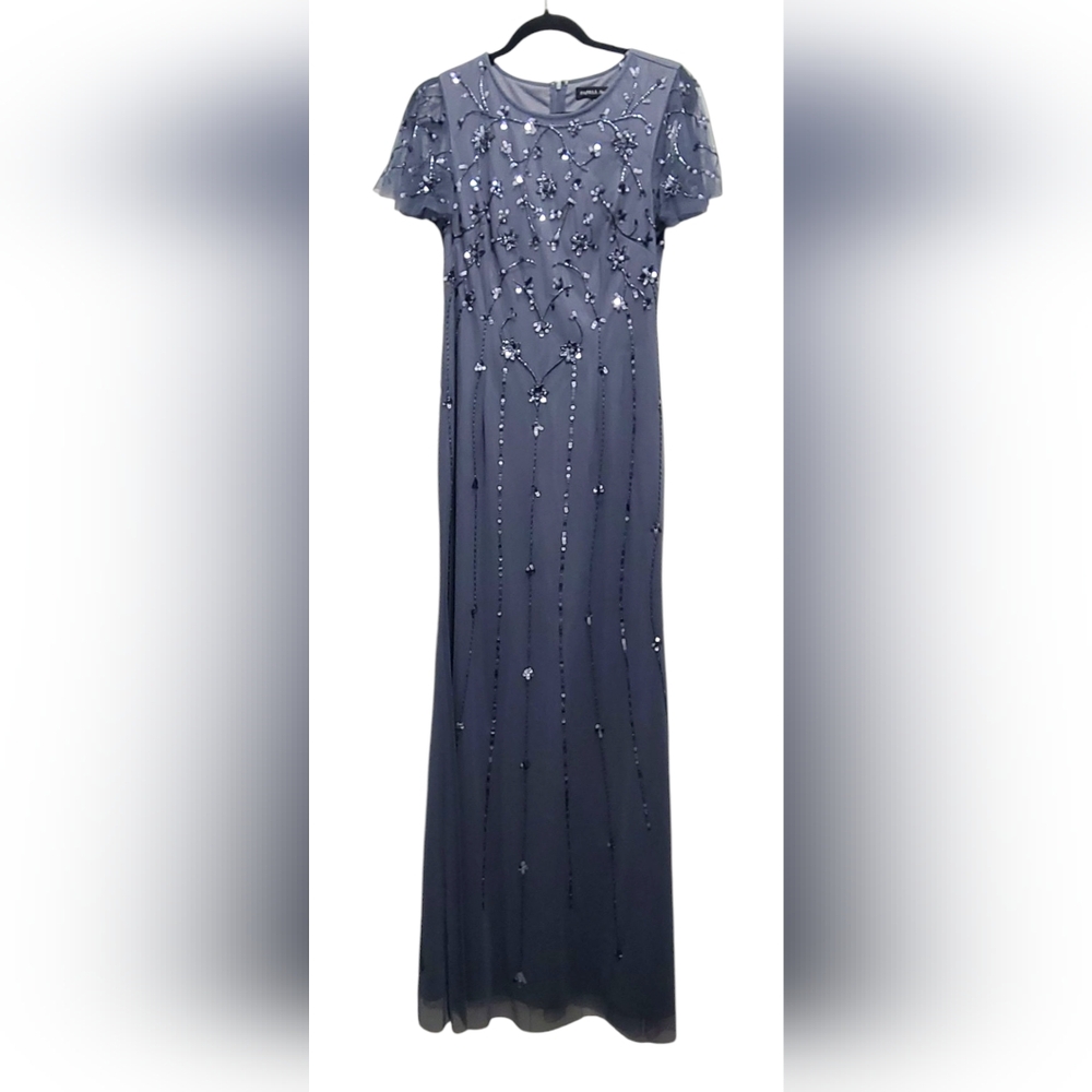 Adrianna Papell Women's Formal Dress Size 6 Dusty‎ Blue Beaded Short Sleeve Gown - Picture 7 of 17